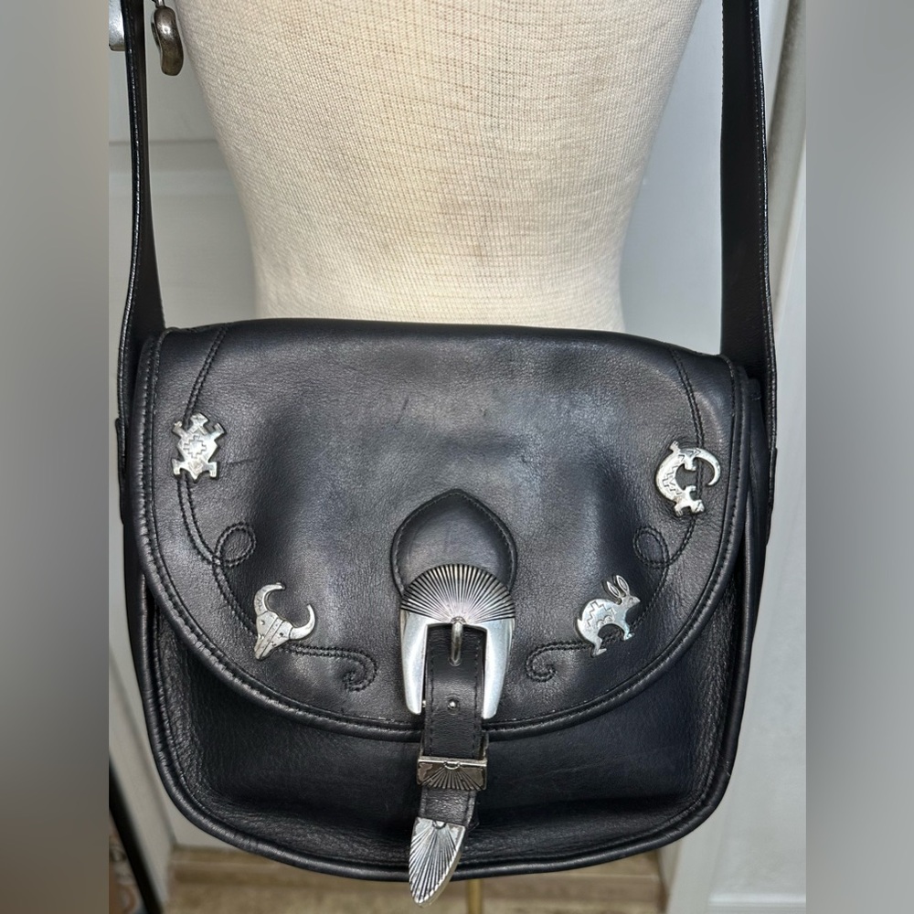 Brighton Black Leather Crossbody with Silver Concho Accents